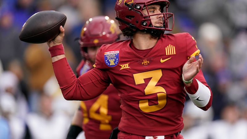 FILE - Iowa State quarterback Rocco Becht (3) looks to throw a pass during the first half of...