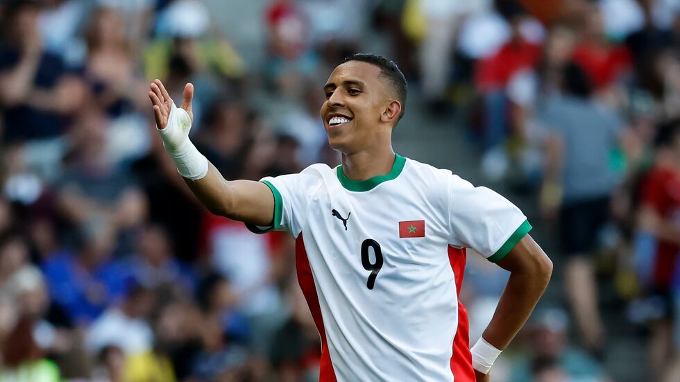 Morocco's Soufiane Rahimi celebrates after scoring his side's fourth goal during the men's...