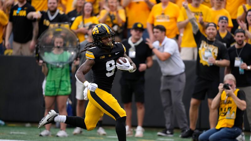 Iowa running back Jaziun Patterson (9) scores on a 39-yard touchdown run during the second...