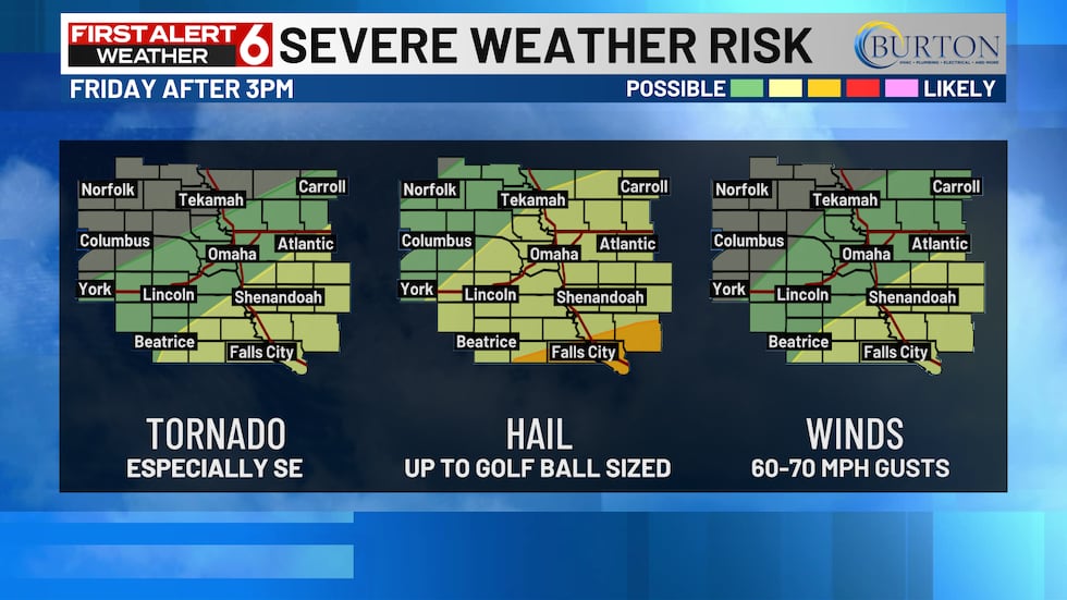 Los principales riesgos para el viernes por la noche son granizo grande y vientos dañinos.