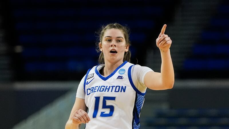 Creighton guard Lauren Jensen gestures after scoring a 3-point basket against UNLV during the...