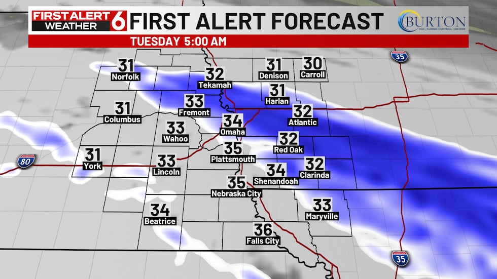 A thin line of heavy snow is possible during the Tuesday morning commute.