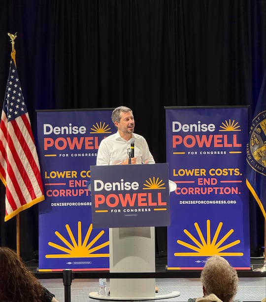 Former U.S. Transportation Secretary Pete Buttigieg addresses supporters on Tuesday, July 14,...