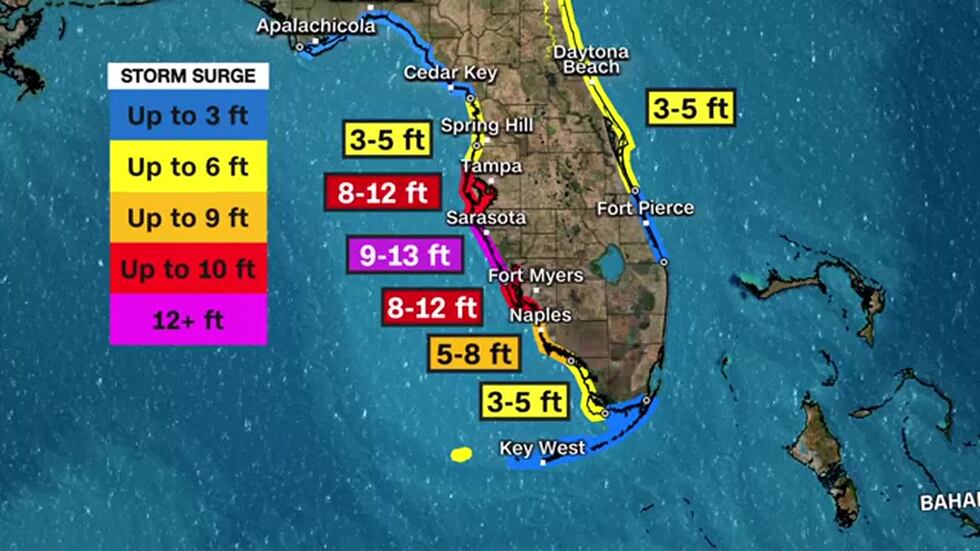 Here's the storm surge forecast, as of 5 p.m. Wednesday, for Hurricane Milton.