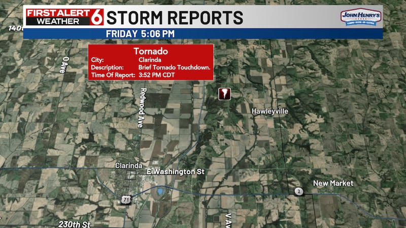 A tornado was reported on Friday northeast of Clarinda, Iowa.