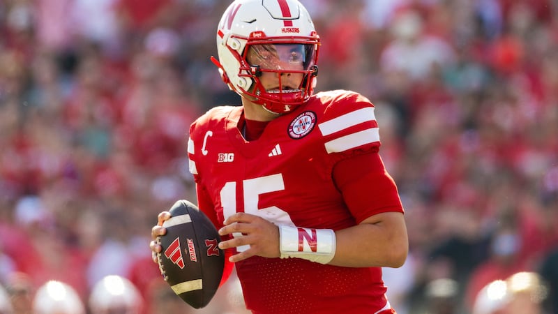 Nebraska Cornhuskers quarterback Dylan Raiola (15) looks to pass against Michigan State during...