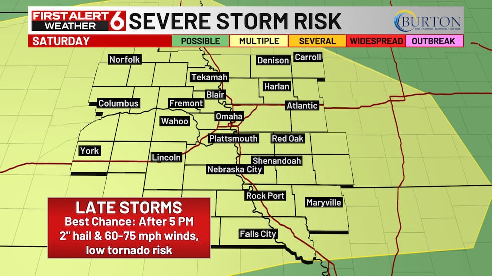 A slight risk of severe storms after 5 PM today.
