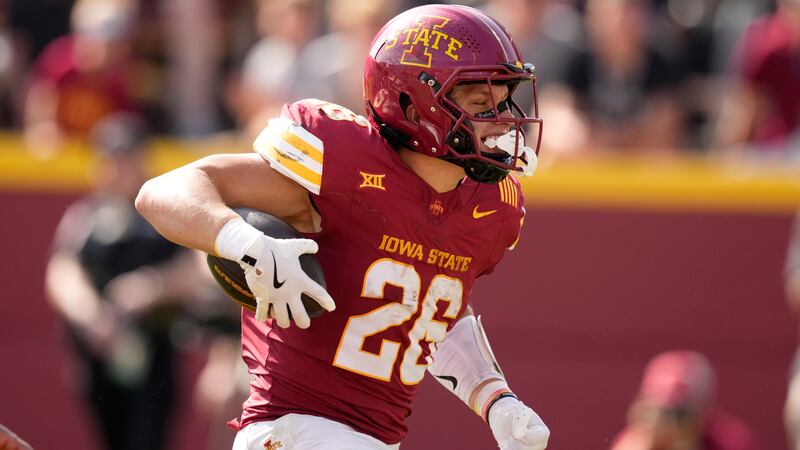 Iowa State running back Carson Hansen celebrates after scoring a touchdown during the second...