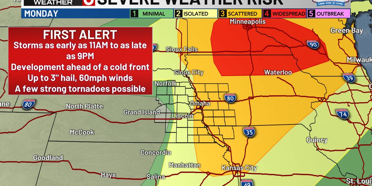 FIRST ALERT 6 WEATHER DAY: Severe storms with hail and tornadoes possible Monday