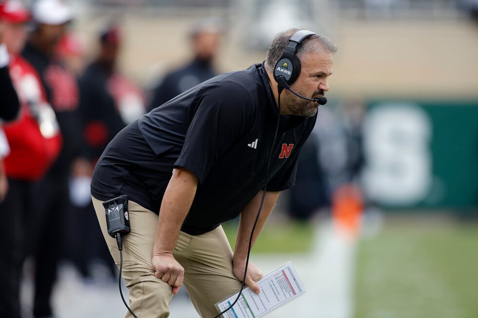 Nebraska coach Matt Rhule watches during the first half of an NCAA college football game...