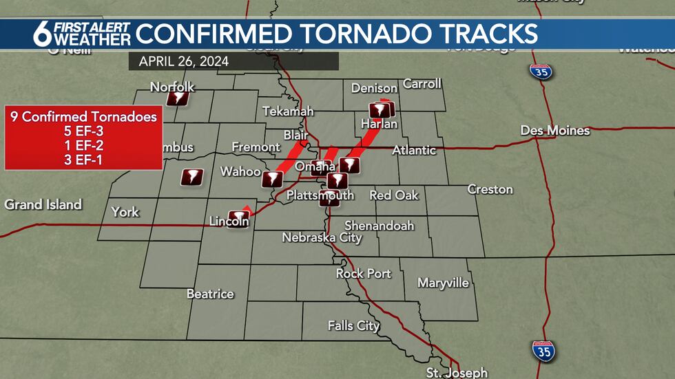 9 Tornadoes confirmed so far from the outbreak on Friday, April 26th, 2024