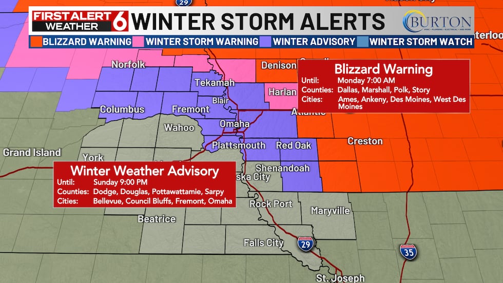 A Winter Weather Advisory has been issued for the metro until 9 PM Sunday.