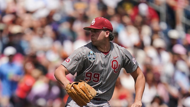 Oklahoma pitcher Cord Rager (99) during an NCAA baseball College World Series game against...