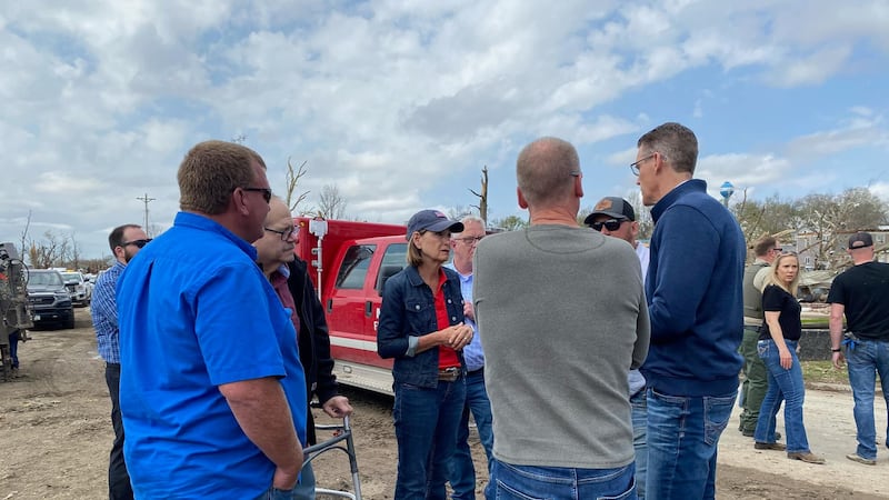 Iowa Gov. Kim Reynolds visited Minden on Saturday, April 27, 2024, to survey the damage after...